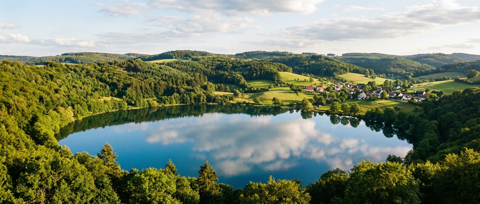 Blick auf ein Maar in der Vulkaneifel umgeben von grünen Hügeln