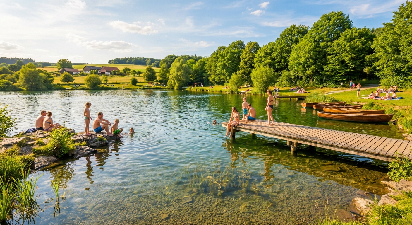 Naturbad mit klarem Wasser in sommerlicher Landschaft