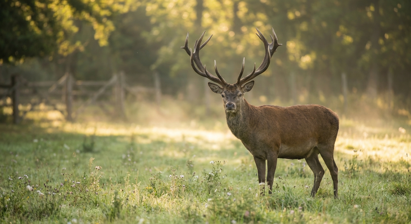Hirsch in einem Wildpark inmitten grüner Natur
