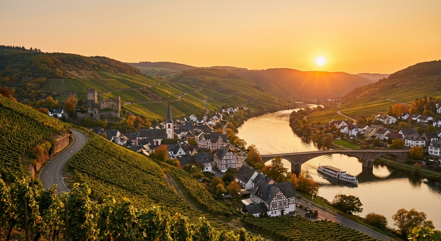 Weinberge entlang der Mosel mit Blick auf malerische Ortschaft